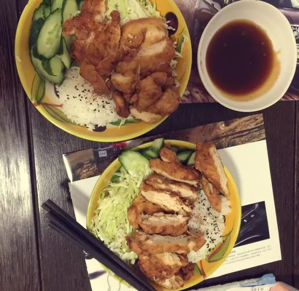 肉食动物的炸鸡排饭