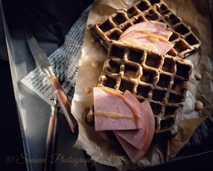 無油糖墨魚汁黑麥咸華夫【健康主食】配肉➕pb2花生醬