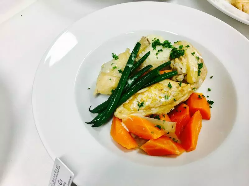 chicken fricassee with pilaf rice,boiled french beans